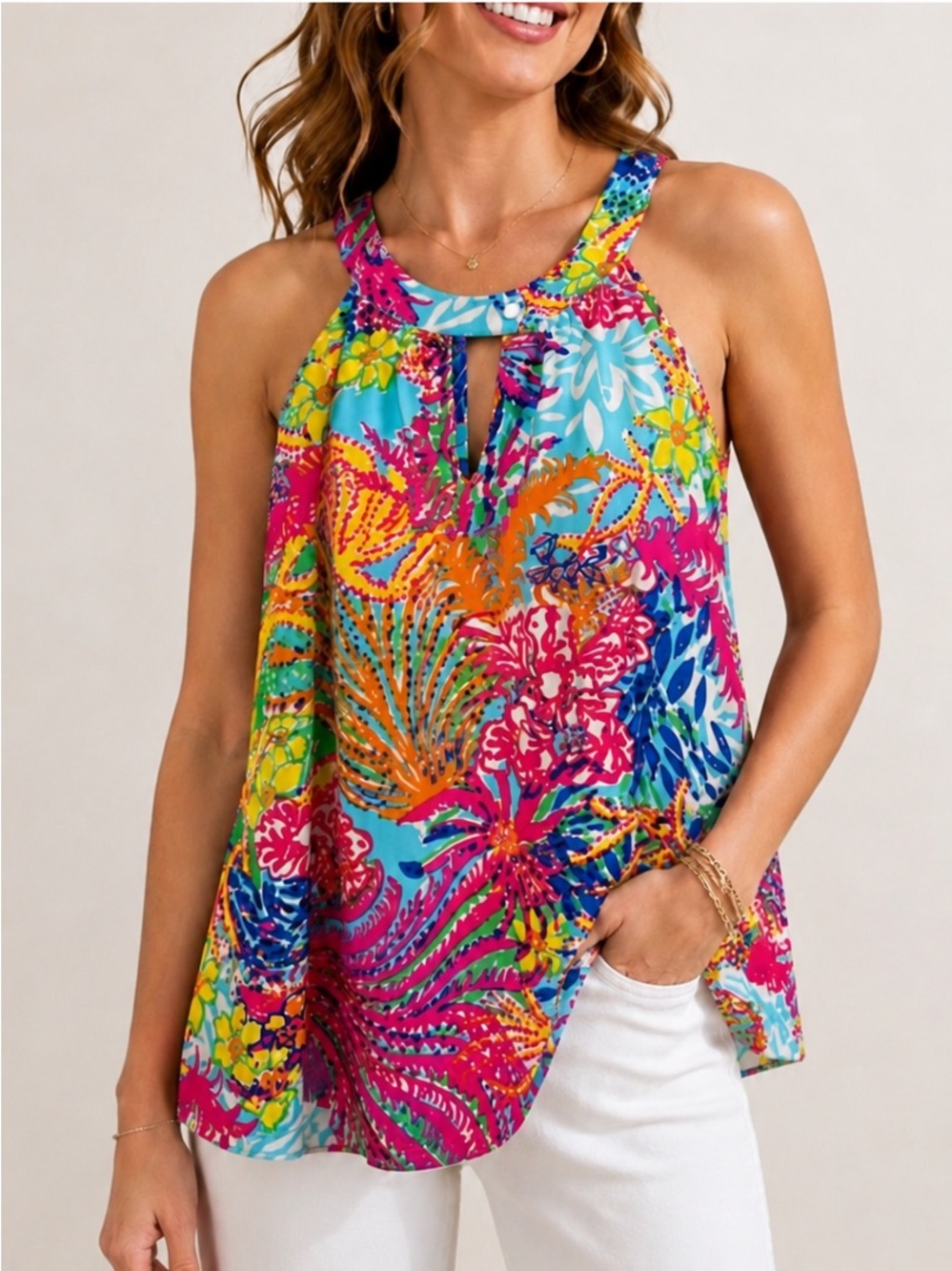 LILLY PULITZER Rogan Blue Pink Silk Halter Tank Resort Tropical Blouse Print S